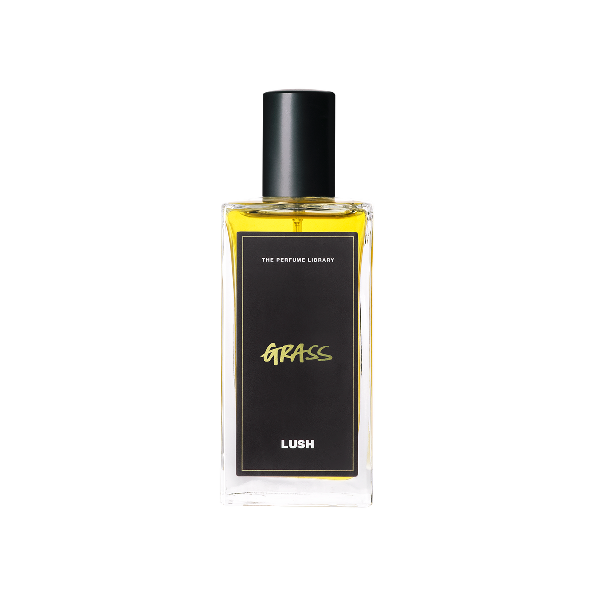 A glass perfume bottle filled with canary yellow liquid. A black label reads 'The Perfume Library' and 'Grass'.