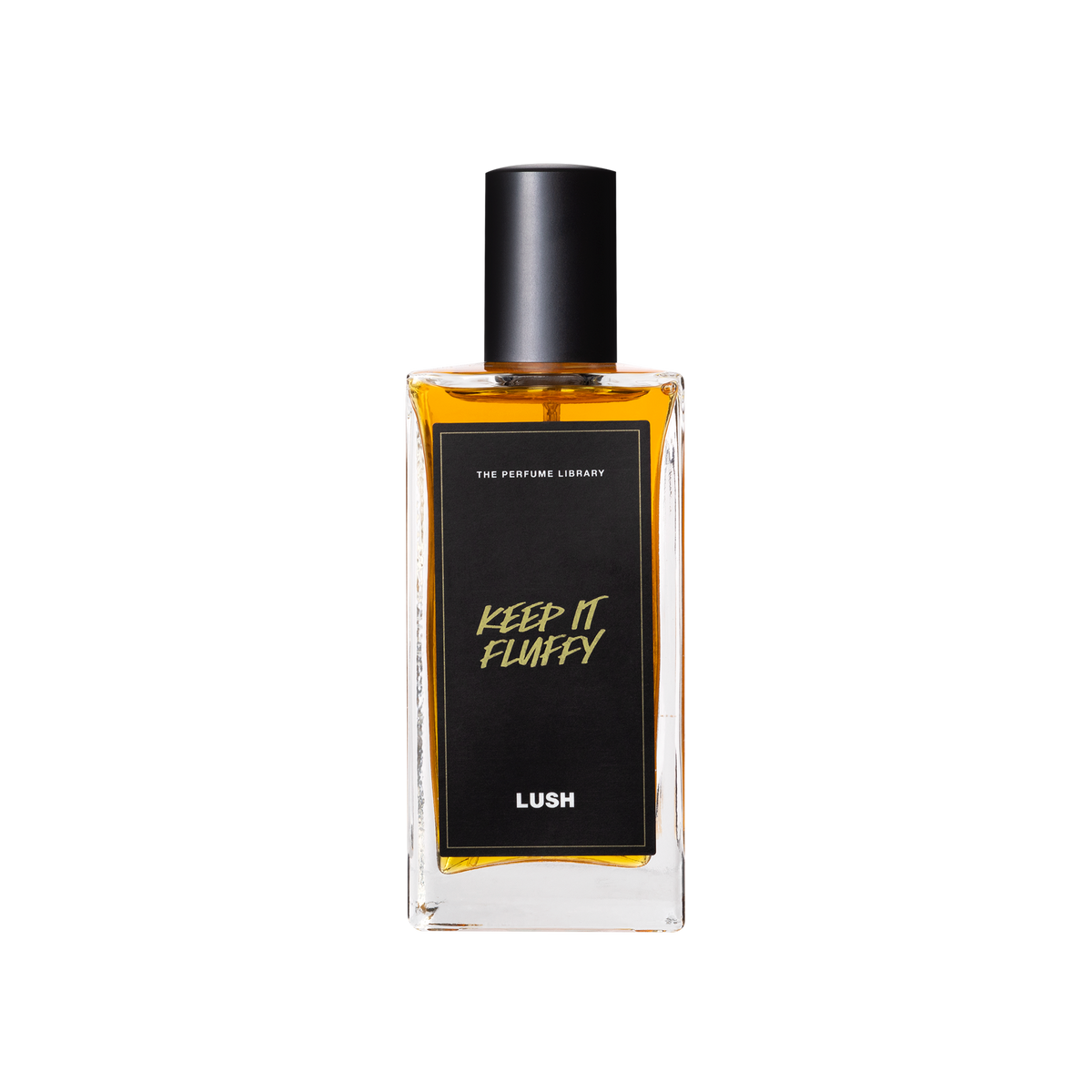A glass perfume bottle filled with dark amber liquid. A black label reads 'The Perfume Library' and 'Keep It Fluffy'.