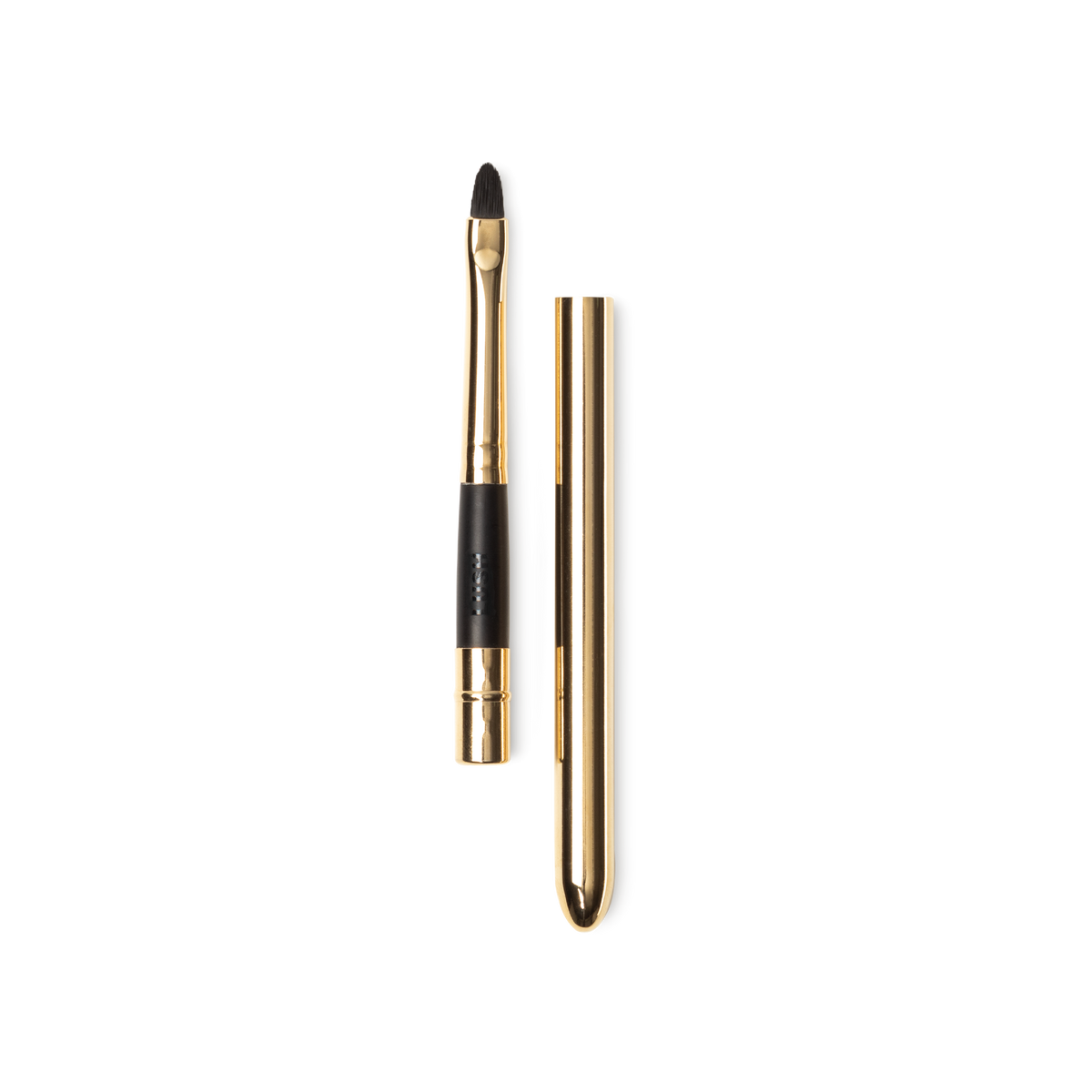 Pucker Brush. A travel lip brush, with soft, tapered brown bristles and a gold handle and lid, to cover the bristles.
